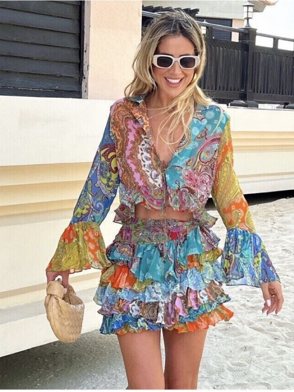 ZARA Tied Ruffled Patchwork Boho Blouse Paisley Crop Festival Bell Sleeves XS